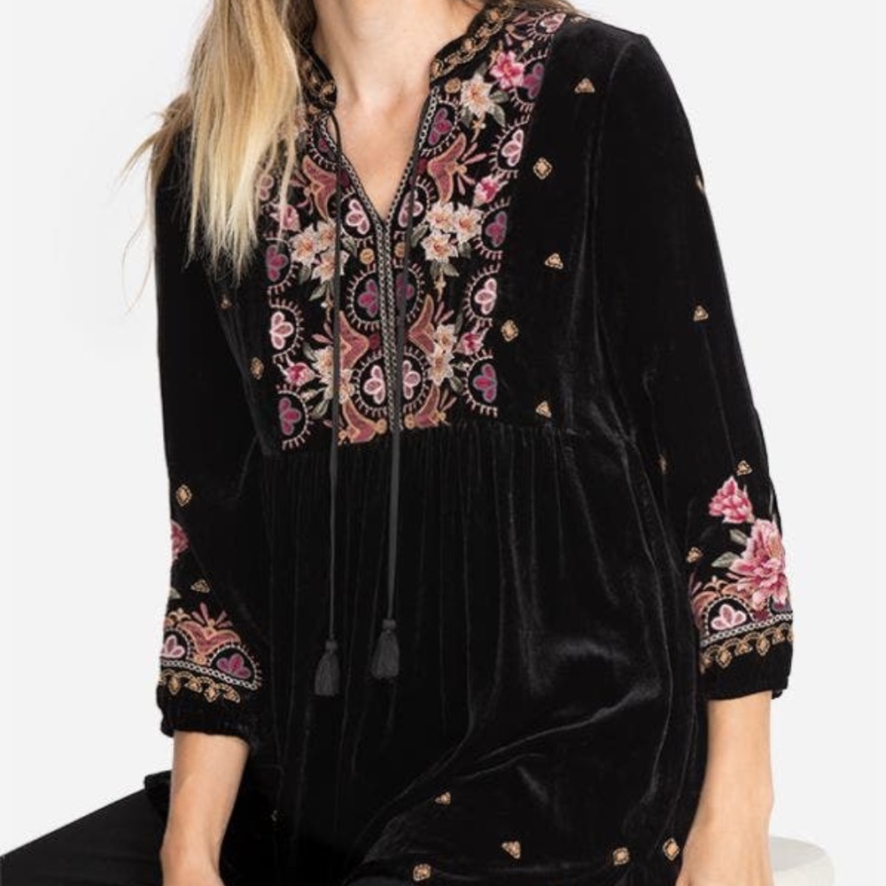 NWT JOHNNY WAS JOANNA VELVET V-NECK MANDARIN TUNIC - Size XL
